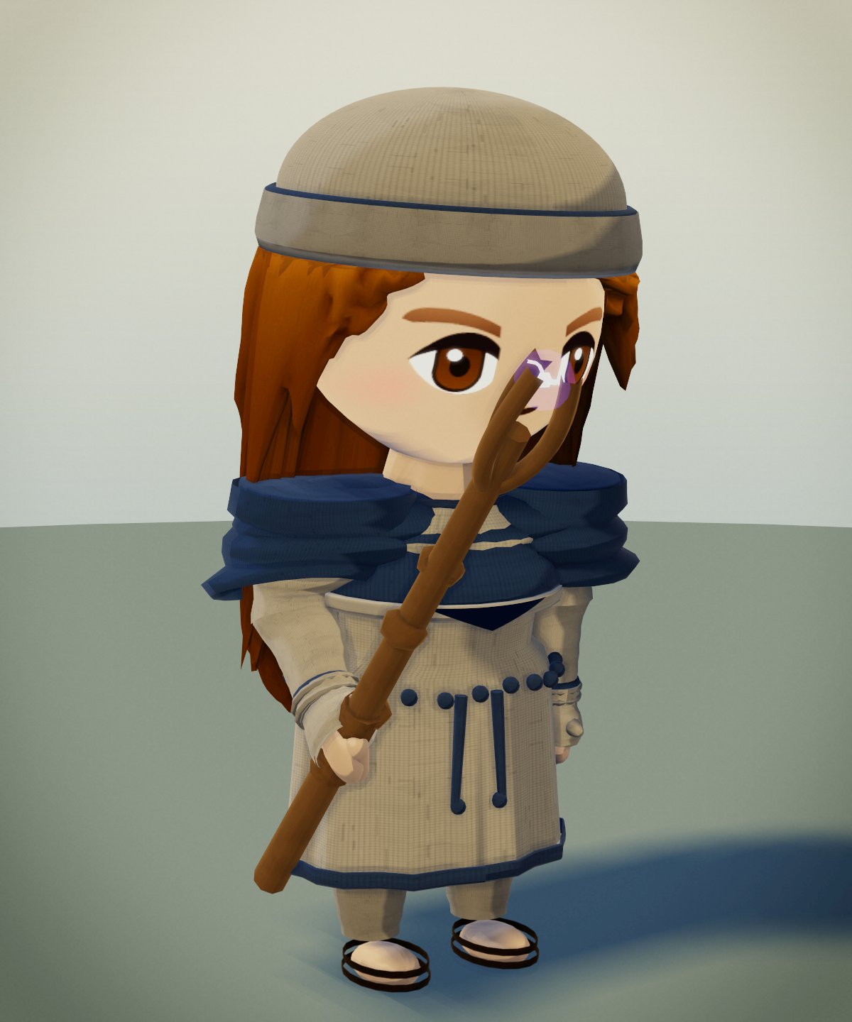A character dressed as a Acolyte, holding a staff.