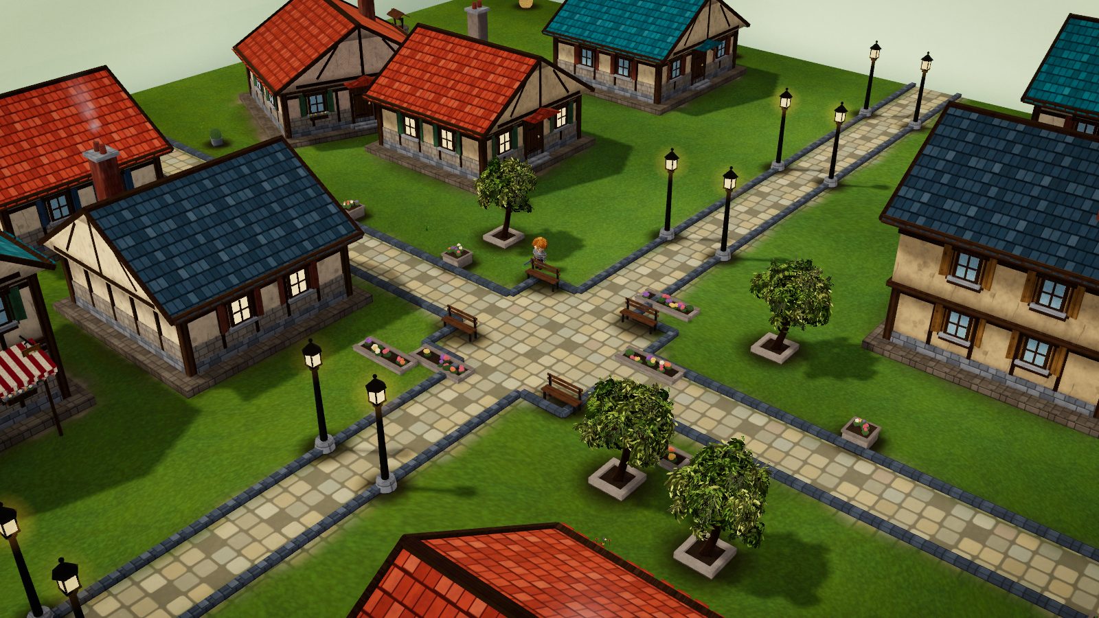 A hamlet of tiled cottages around a crossroads, with lamp posts, flower beds and a
              character resting on a bench.