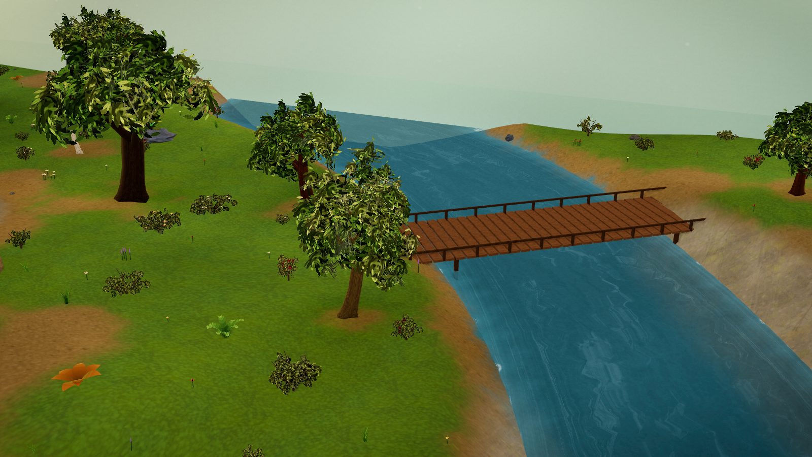A river running through meadow grass, crossed by a wooden plank bridge, with broadleaf
              trees on the near bank.