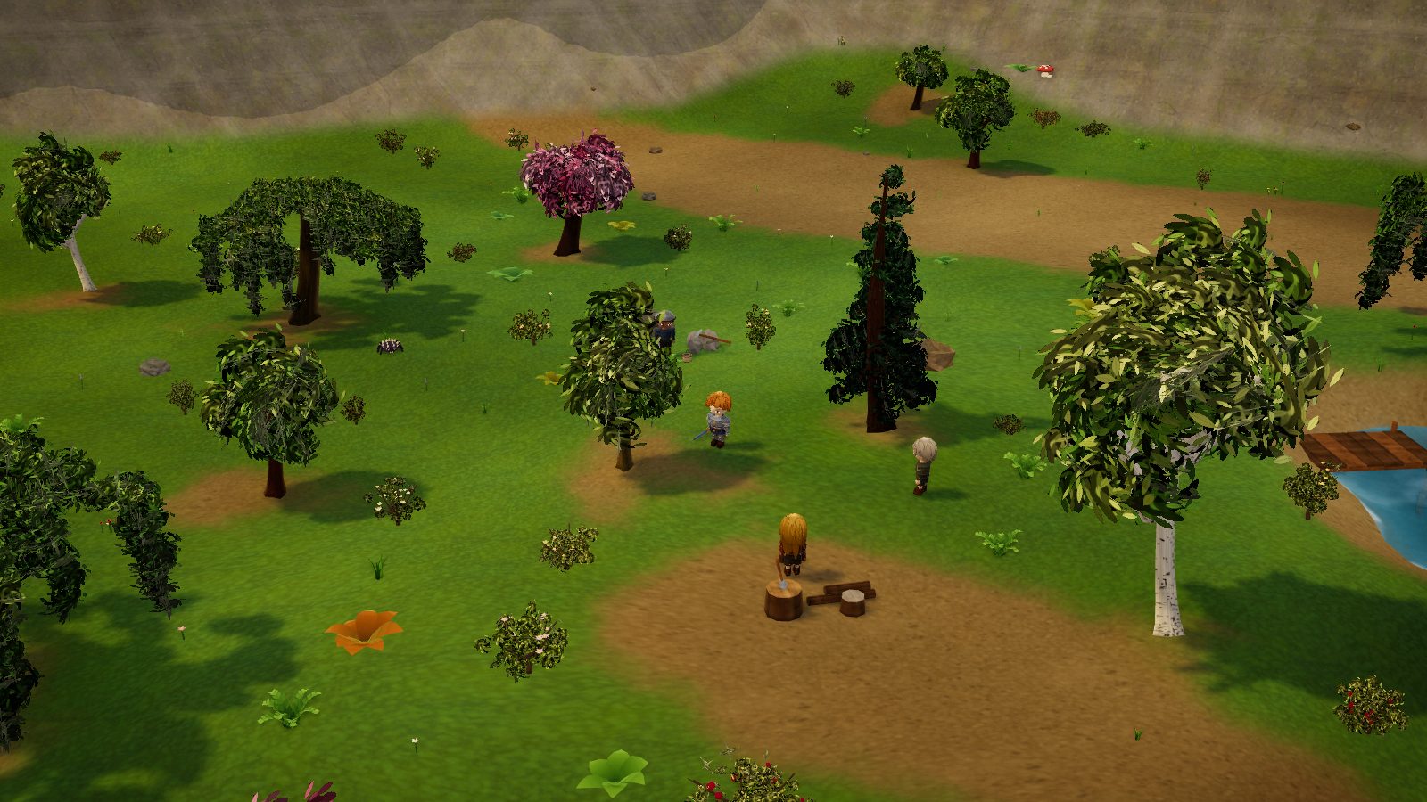 The starting valley: sheltered green ground ringed by slopes and trees.